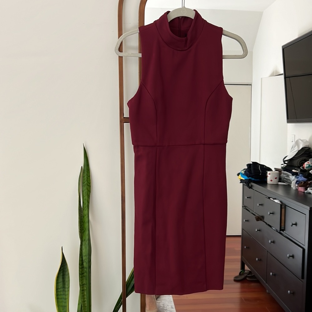 Maroon fitted mock neck racer back dress